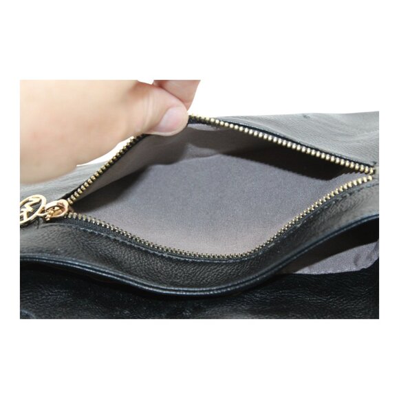 Michael Kors Black Leather Fold-Over Clutch Purse With Gold MK Logo & Zippers - Picture 6 of 7